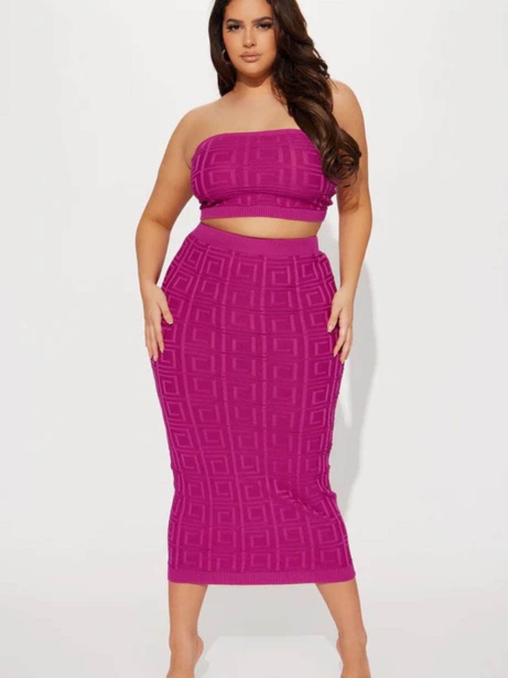 Magenta Textured Knit Midi Skirt - Women's Two-Piece Set